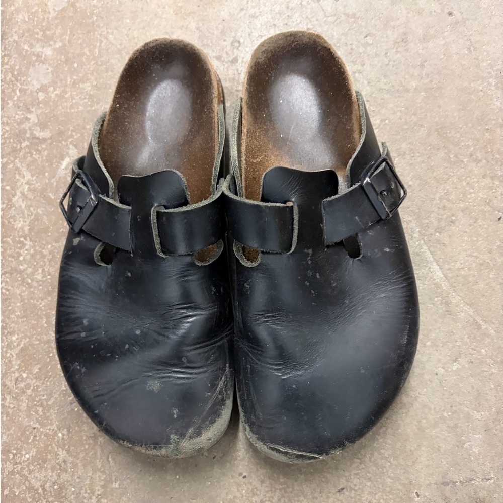 Birkenstock Boston super grip anti slip‎ Black Leather Clogs with Buckle